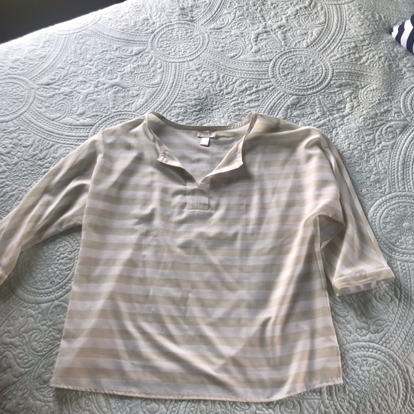 LOFT Tan & White Striped Blouse. - Picture 3 of 5